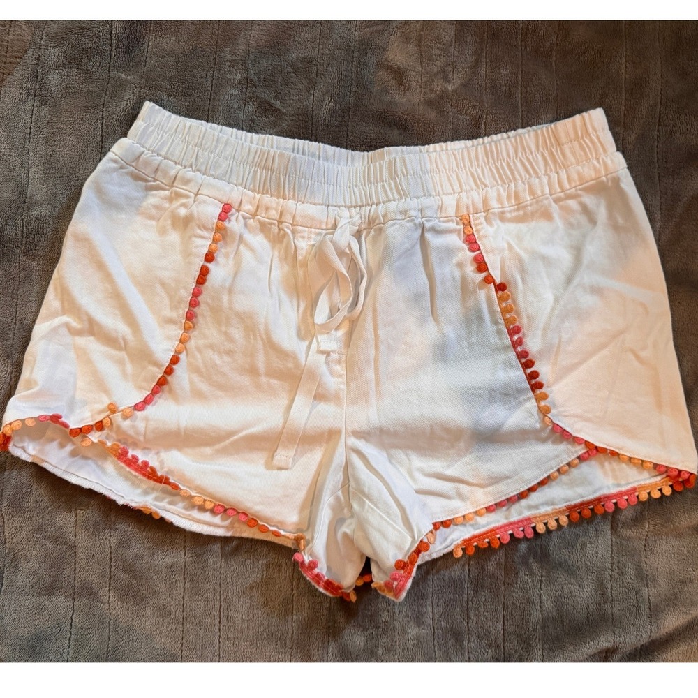 Loft Outlet White Pom Pom Trim Shorts Elastic Waist Boho Summer Womens XS
